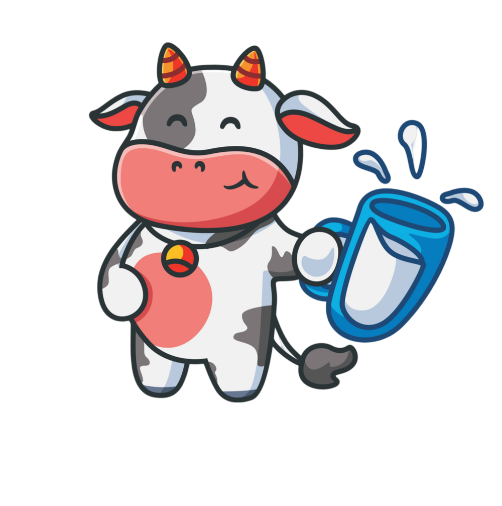 Moovier the cow, raising a glass of milk beside the app screens