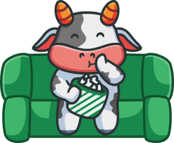 Moovier the cow, watching from the couch with a bag of popcorn