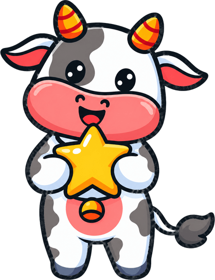 Moovier the cow holding up a gold star