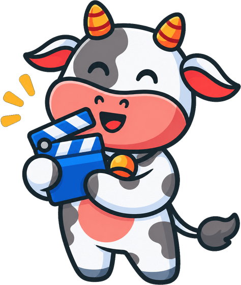Moovier the cow holding a clapperboard