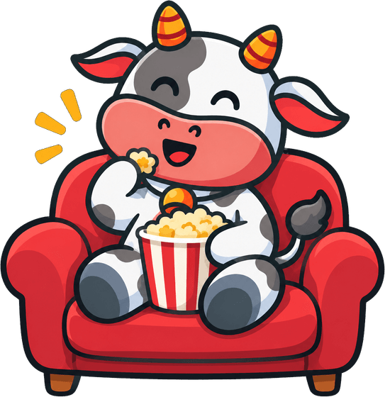 Moovier the cow on an armchair with a bucket of popcorn