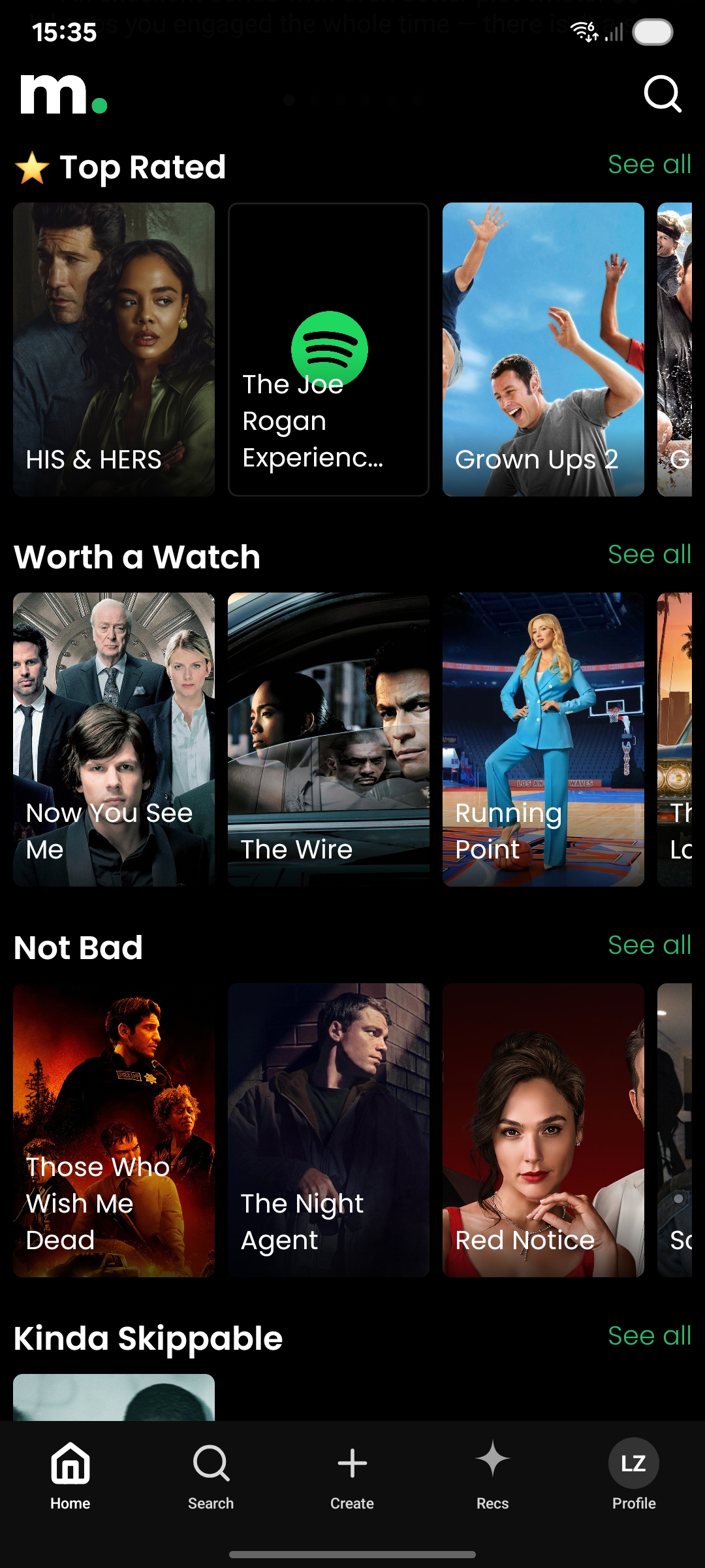 Moovier home screen with rating shelves: Top Rated, Worth a Watch, Not Bad