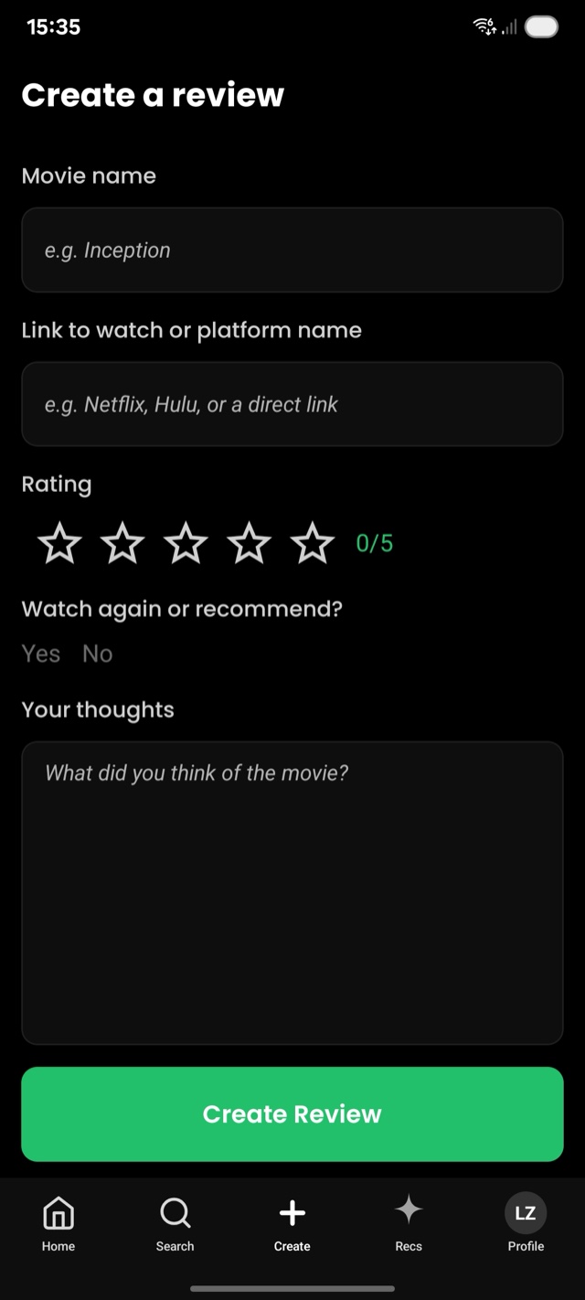 Moovier create-a-review screen with star rating and thoughts field
