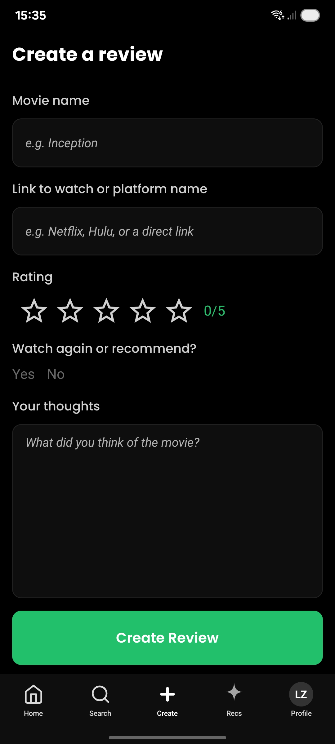 Moovier create-a-review screen with star rating and thoughts field