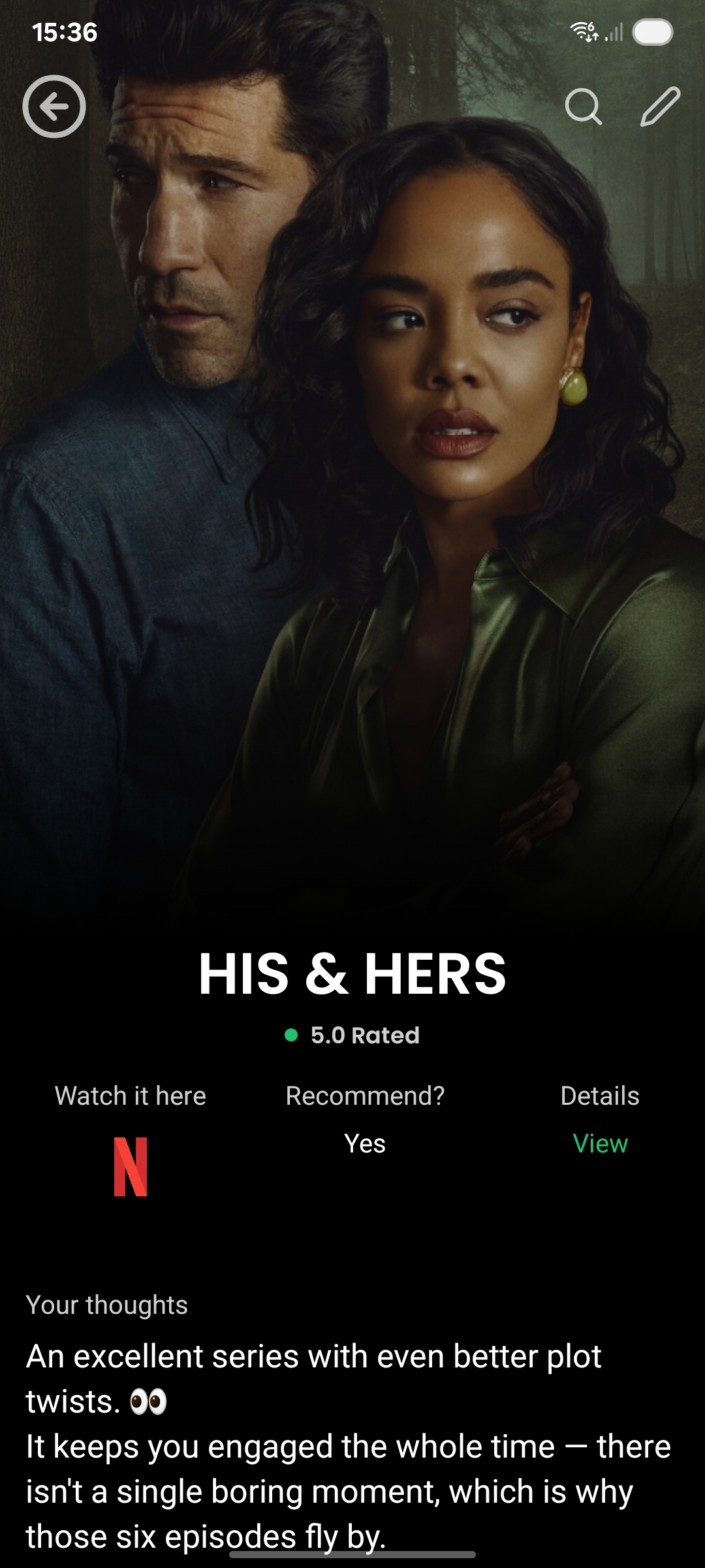 Moovier review screen for a series rated 5.0 with your thoughts