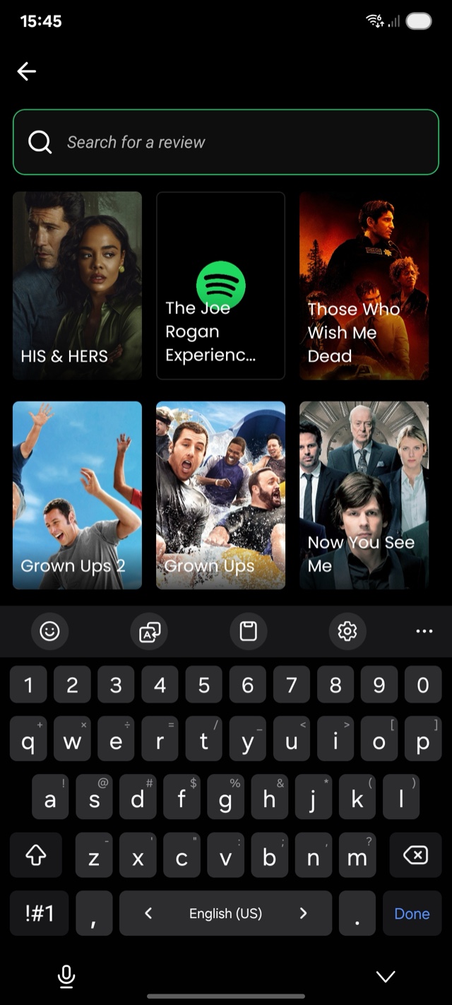 Moovier search screen with a poster grid of reviewed titles