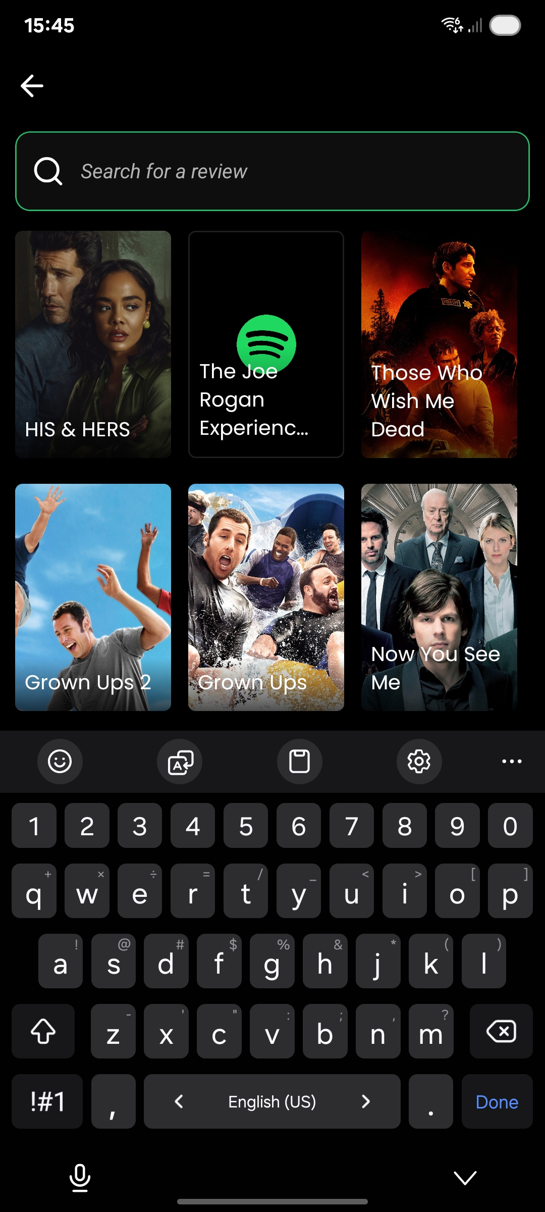 Moovier search screen with a poster grid of reviewed titles