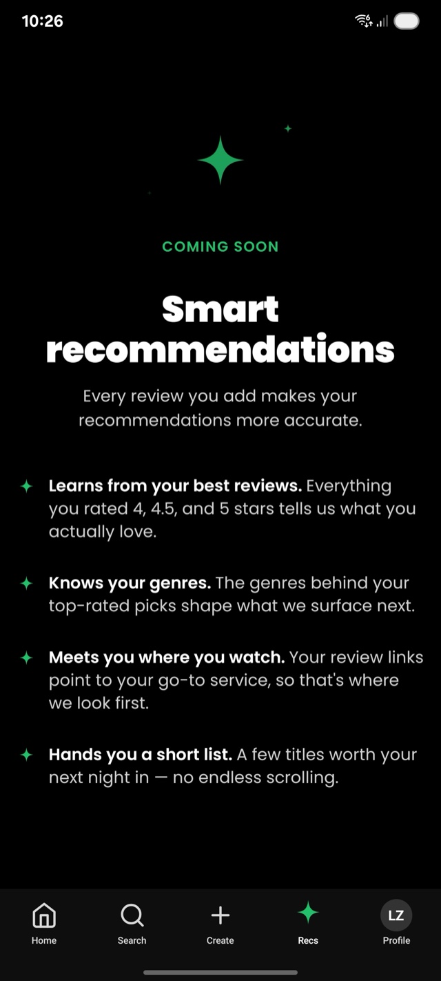 Moovier recommendations screen: every review you add makes your picks more accurate