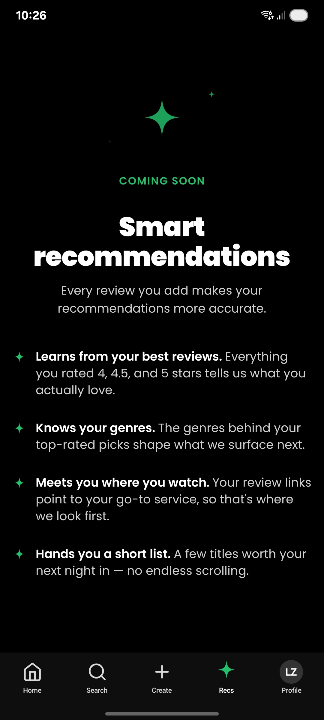 Moovier AI Recommendations screen: every review you add makes your recommendations more accurate